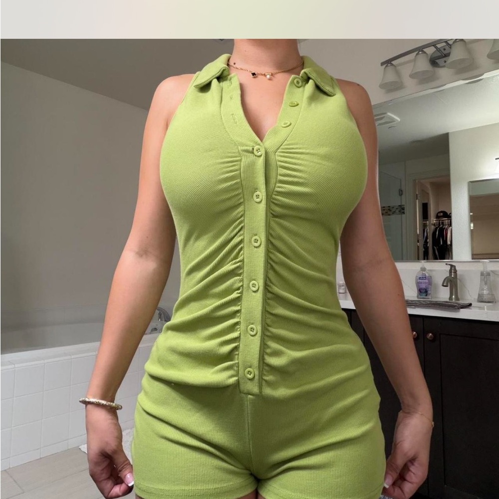 Green Sleeveless Button-Up Romper